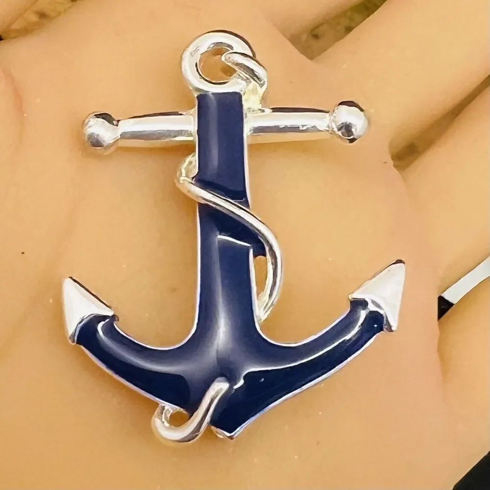 Danecraft Vintage 70's Navy Blue Silver Enamel Ship Anchor Brooch Nautical 1324